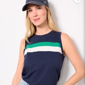 Evereve Navy Muscle Tee with Green and White Stripes